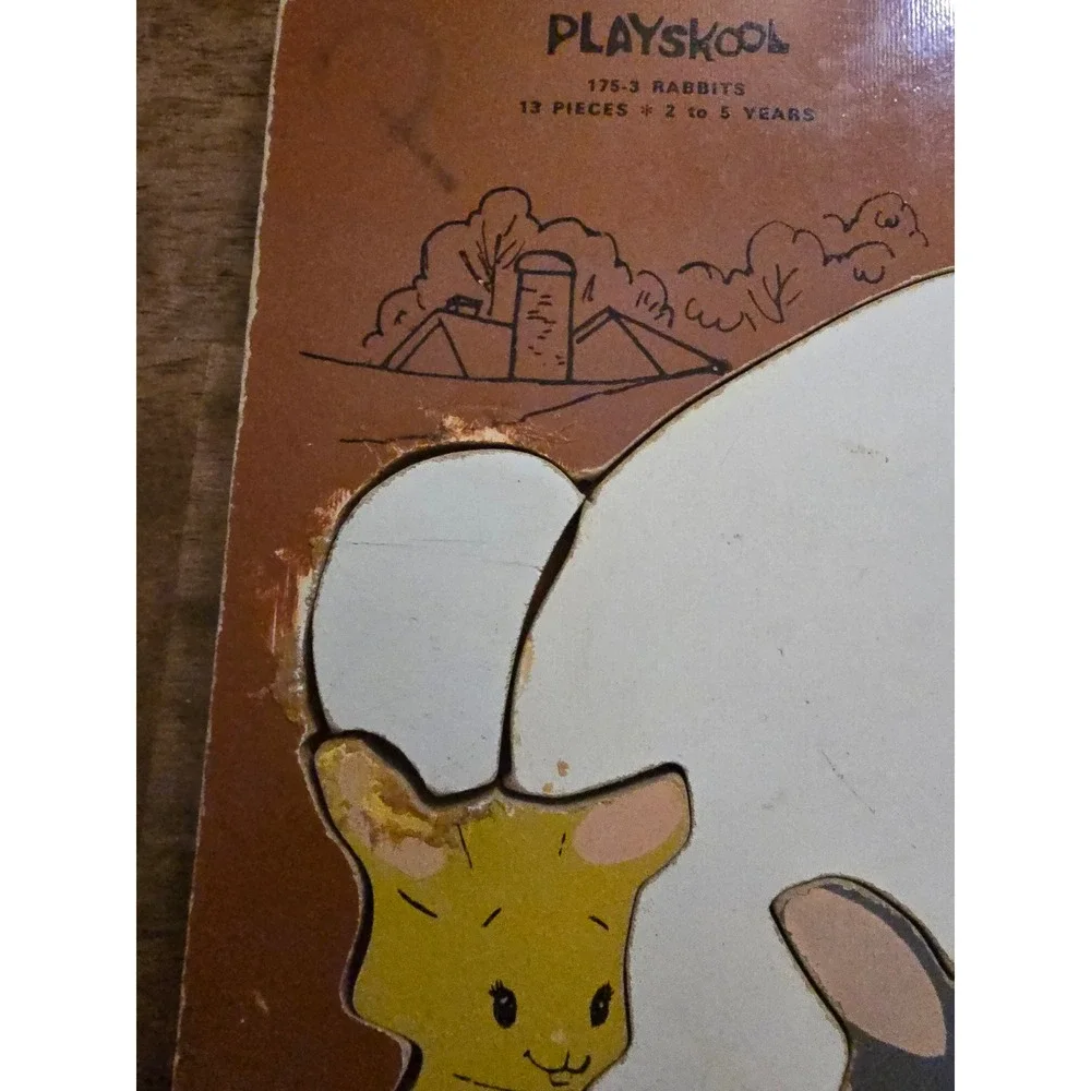 Vintage Playskool Wooden Inlay Puzzle Rabbits Bunnies Carrot 13 Pieces